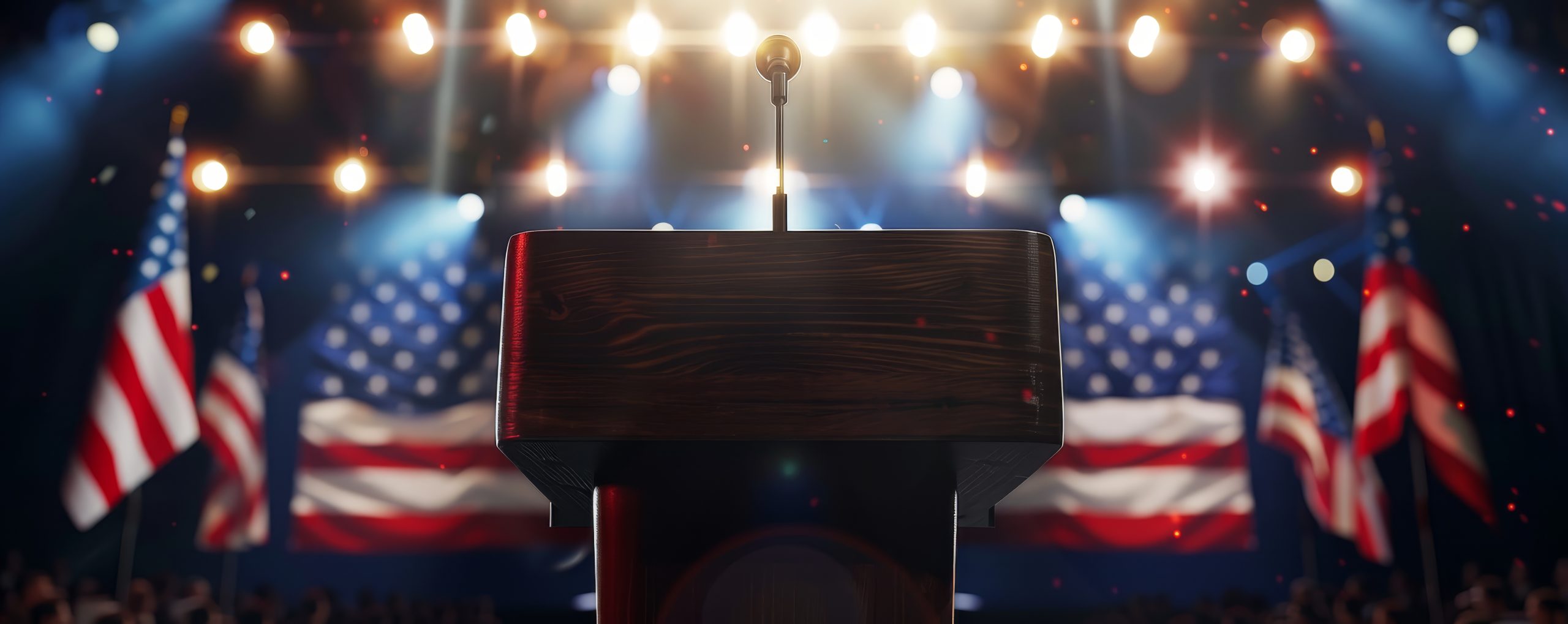 podium stage with american flags bright lights suggesting political patriotic event scaled